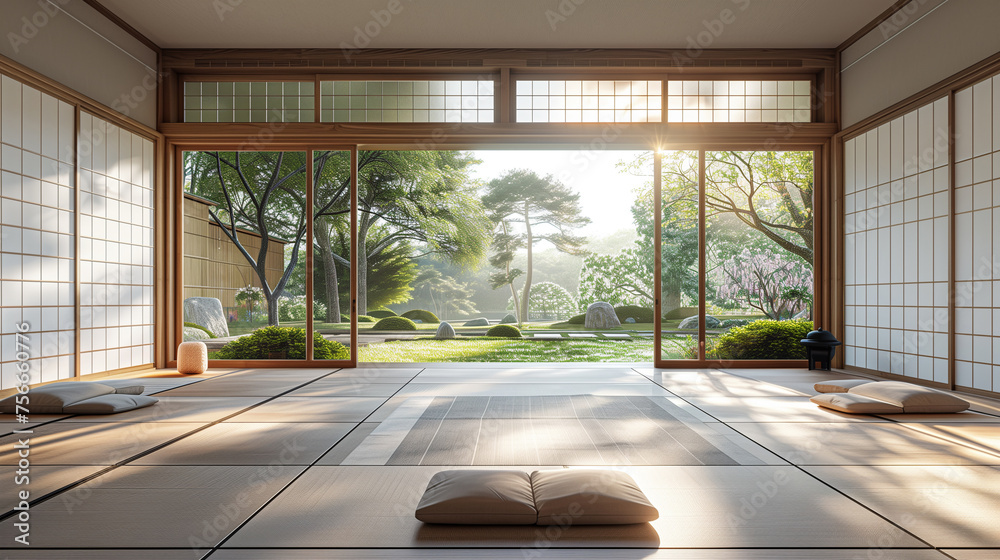 Captivating minimalist Japanese meditation hall with tatami wide open windows and stunning garden backdrop. Embracing simplicity unveils elegance in essentials, fostering tranquility, clarity in life Captivating minimalist Japanese meditation hall with tatami wide open windows and stunning garden backdrop. Embracing simplicity unveils elegance in essentials, fostering tranquility, clarity in life