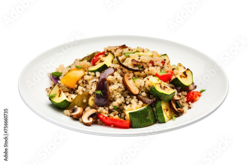 Quinoa salad with grilled vegetables, nuts and vinaigrette isolated on transparent background.