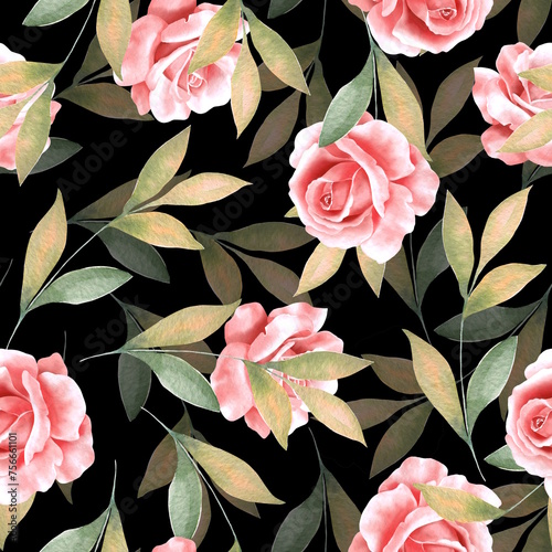 Pink rose flowers with green leaves on black background. Seamless floral pattern