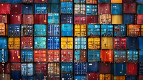 Stacked colorful shipping containers in a cargo terminal.