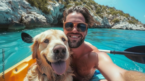 Selfie of a man with a Golden Retriever on a kayak in clear blue waters.