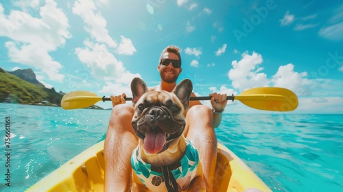 Smiling man with sunglasses and a French Bulldog paddling a kayak in clear blue waters. © Netsai