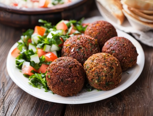 Traditional falafel served with salad and spices on a wooden table. Jewish cuisine. View from above