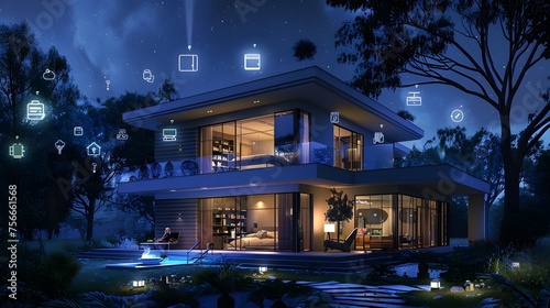 Smart Home Technology Harmonizing Natural Energy Flow in a Modern Nighttime Scene photo