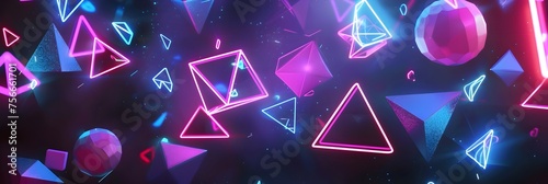 A captivating background of neon triangles and circles floating in a deep purple space, exuding an anime-influenced futuristic aesthetic The pink and blue glowing shapes create depth and movement,