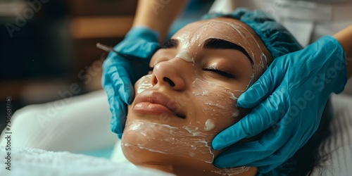 Skincare professional performing chemical peel treatment on clients face in spa . Concept Skincare Treatment, Chemical Peel, Spa Session, Beauty Procedure, Facial Care photo