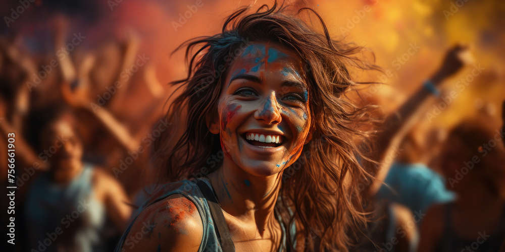 Happy Woman with colorful face enjoy at holi color festival, There is empty space for text on the top of the photo,