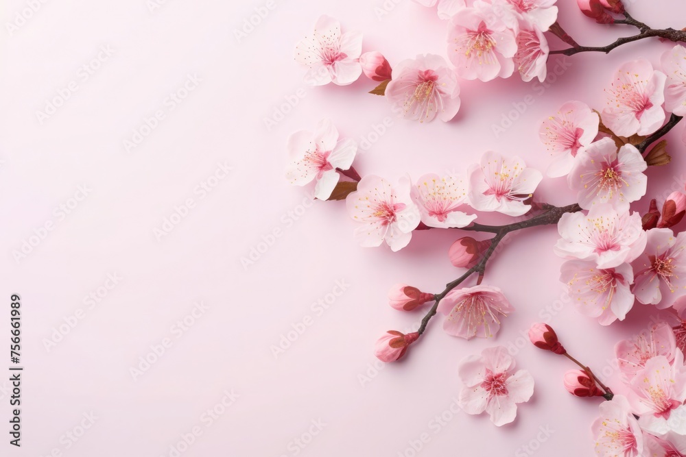 Blooming cherry branches gracefully dance over a soft pink background, radiatingtime's tender charm. Copy space