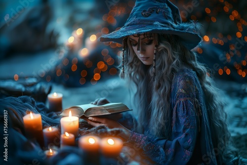 Sorceress casting a spell by candlelight