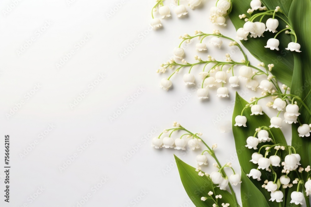 Elegant lily of the valley flowers on a bright backdrop, symbolizing purity, springtime and renewal. Copy space Elegant lily of the valley flowers on a bright backdrop, symbolizing purity, springtime and renewal. Copy space
