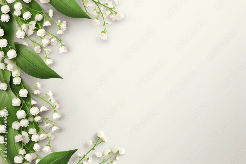 Vibrant lily of the valley flowers bordering a clean, white space, ideal for elegant spring-themed designs. Copy space - obrazy, fototapety, plakaty 