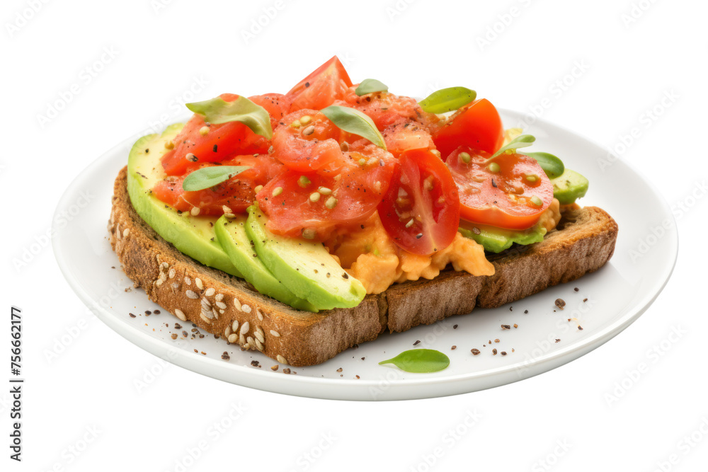 Scrambled eggs with smoked salmon, tomatoes and avocado on whole wheat bread Isolated on transparent background.