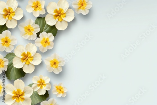 Elegant white primroses with vibrant yellow centers arranged on a bright background with copy space for springtime designs. Copy space © cvetikmart