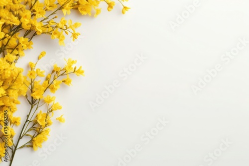 Crisp white space adorned with bright forsythia, the essence of spring on display. Copy space