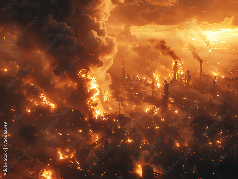 Fototapeta premium Apocalyptic industrial scene with massive fire and smoke plumes.