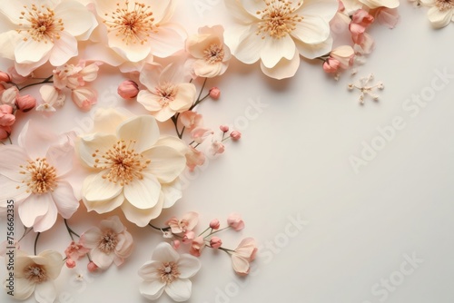 Pristine floral composition featuring soft pink blossoms spread on a clean white surface. Copy space © cvetikmart