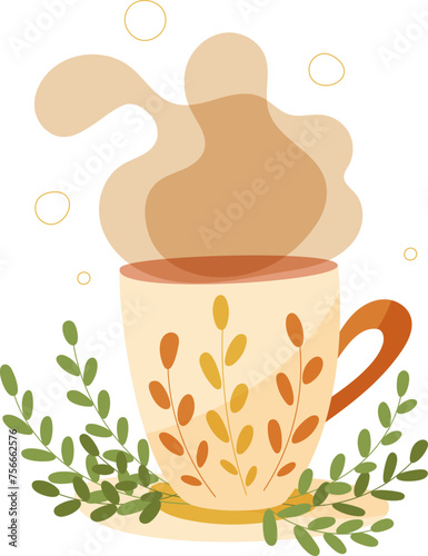 Hand draw cup and saucer with leaves isolated on white, Mug with coffee, tea. Vector illustration in cartoon.Splash of coffee, 