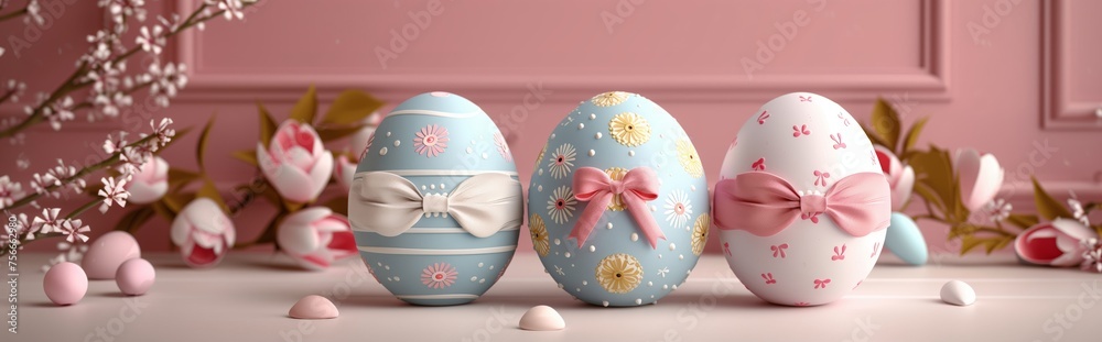 Panoramic banner with elegant decorated easter eggs with bows on pastel background