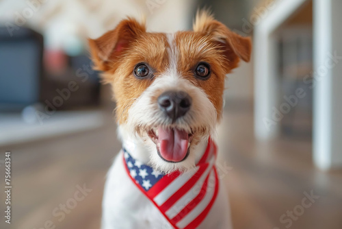 Cute dog wear festive clothes in american flag colors. Independence Day or flag day