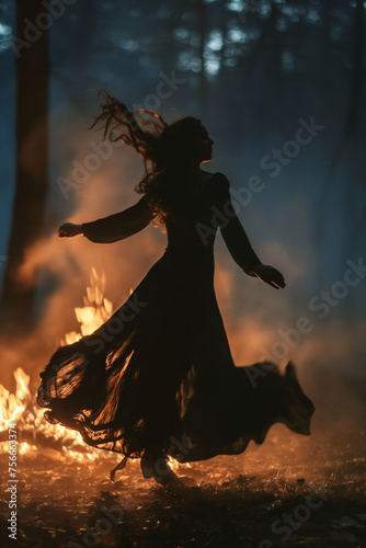 Silhouette of a woman dancing among flames photo