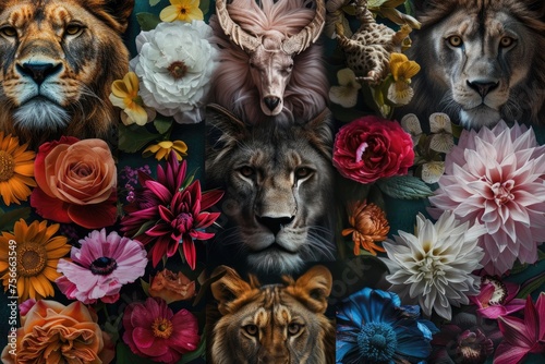 Various kinds of flowers morphing into different animal faces.