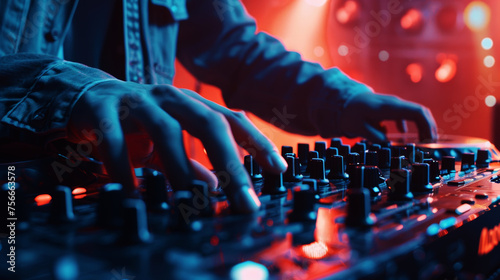 DJ's Hands Crafting Beats on a Glowing Mixer at a Neon-Lit Club. Generative AI.
