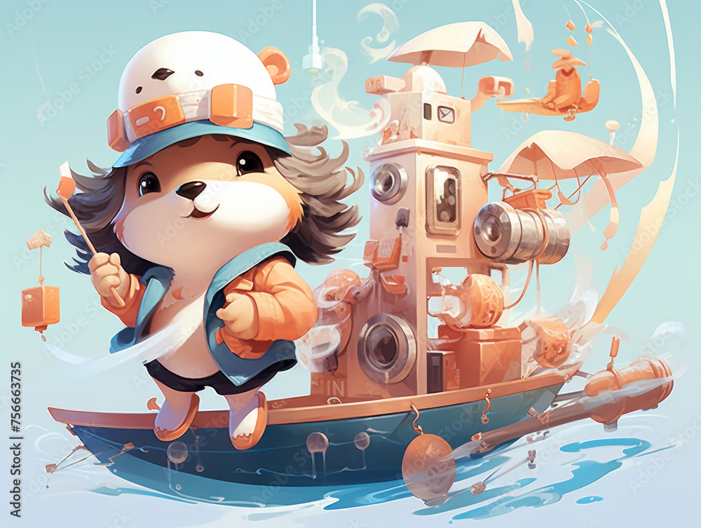 Naklejka premium Playful otter in a sailor hat steering a toy boat