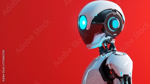 A white robot with blue eyes stands in front of a striking red background © zainab