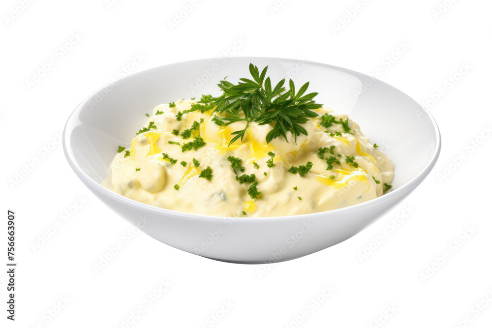 Soft and smooth scrambled eggs with cream cheese, butter and herbs, served in a bowl Isolated on transparent background.