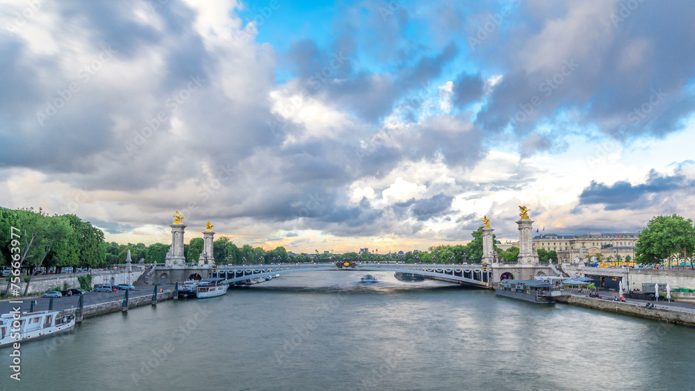 Bridge of Alexandre III spanning the river Seine timelapse hyperlapse. Paris. France.