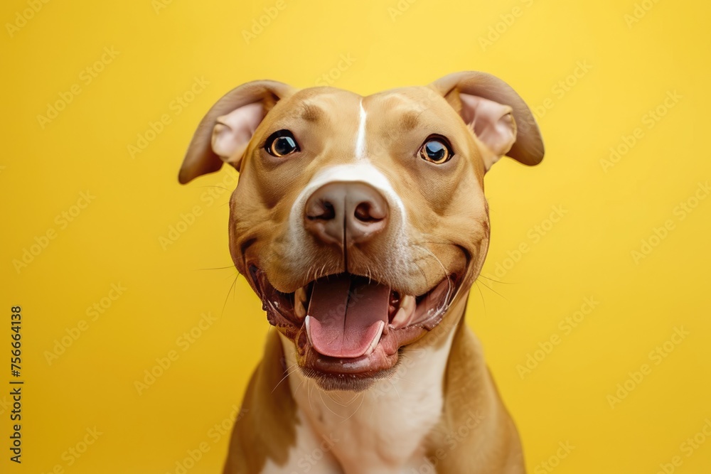 Cheerful pet dog eyes twinkling with mirth and a wide smile radiant yellow background.