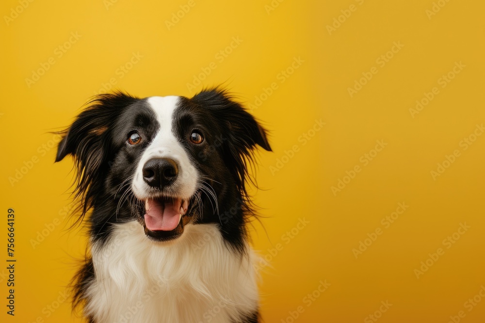 Cheerful pet dog eyes twinkling with mirth and a wide smile radiant yellow background. Cheerful pet dog eyes twinkling with mirth and a wide smile radiant yellow background.