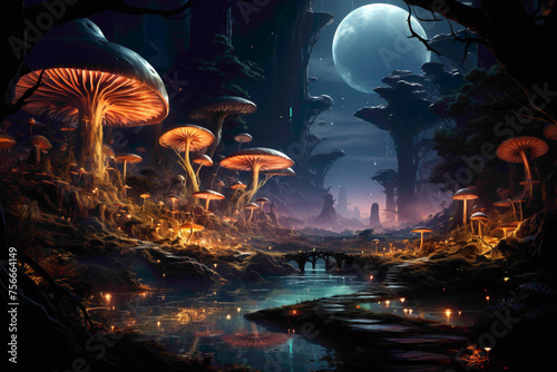 A road surrounded by giant bioluminescent mushrooms, casting a soft glow in the darkness of a magical and enchanted woodland.
