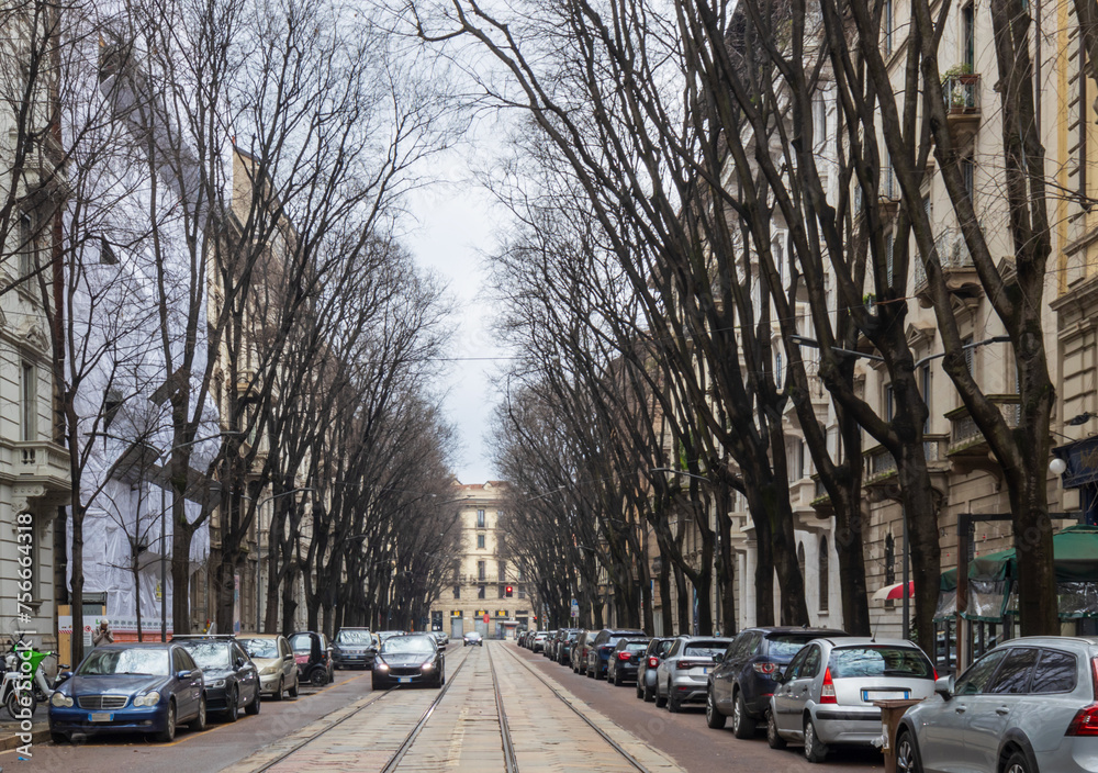 The street with ancient buildings in the center of Milan, Italy