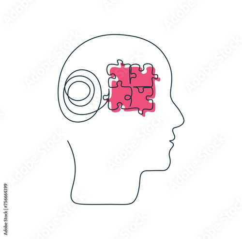 Psychological concept of mental health. Profile of human head as single continuous line. Psychiatric therapy. Business idea and education. One line puzzle. Vector drawing on white background.