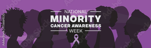 National Minority Cancer Awareness Week banner design. It features silhouette of minority people with purple ribbon. Vector illustration