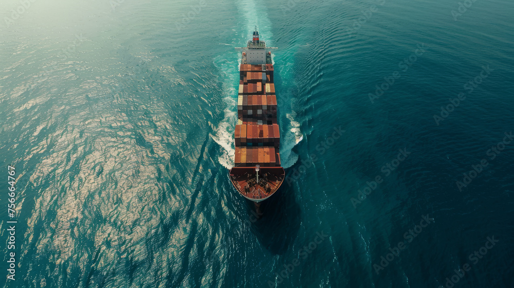 A cargo container ship navigates through the waters, laden with containers destined for import and export operations. - obrazy, fototapety, plakaty 