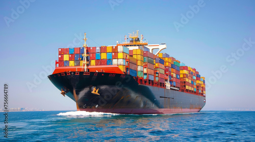 A cargo container ship, laden with containers, operates for import and export purposes, facilitating the global trade of goods. photo
