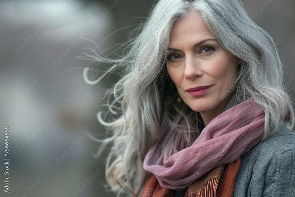 Fototapeta premium Smiling Older Woman Wearing Scarf