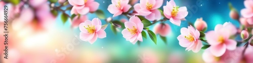 Abstract colorful blurred illustration of blooming spring peach branch on blurred bokeh background, space for text. Concept for valentine's day or birthday or mother's day or women's day.   © La_Valentina