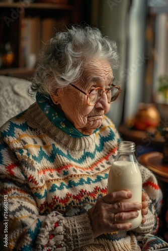 Elderly Woman Holding a Bottle of Milk