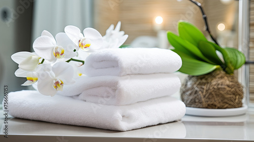 Impeccably organized white bath towels, set out for spa treatments, alongside lively, blossoming orchids