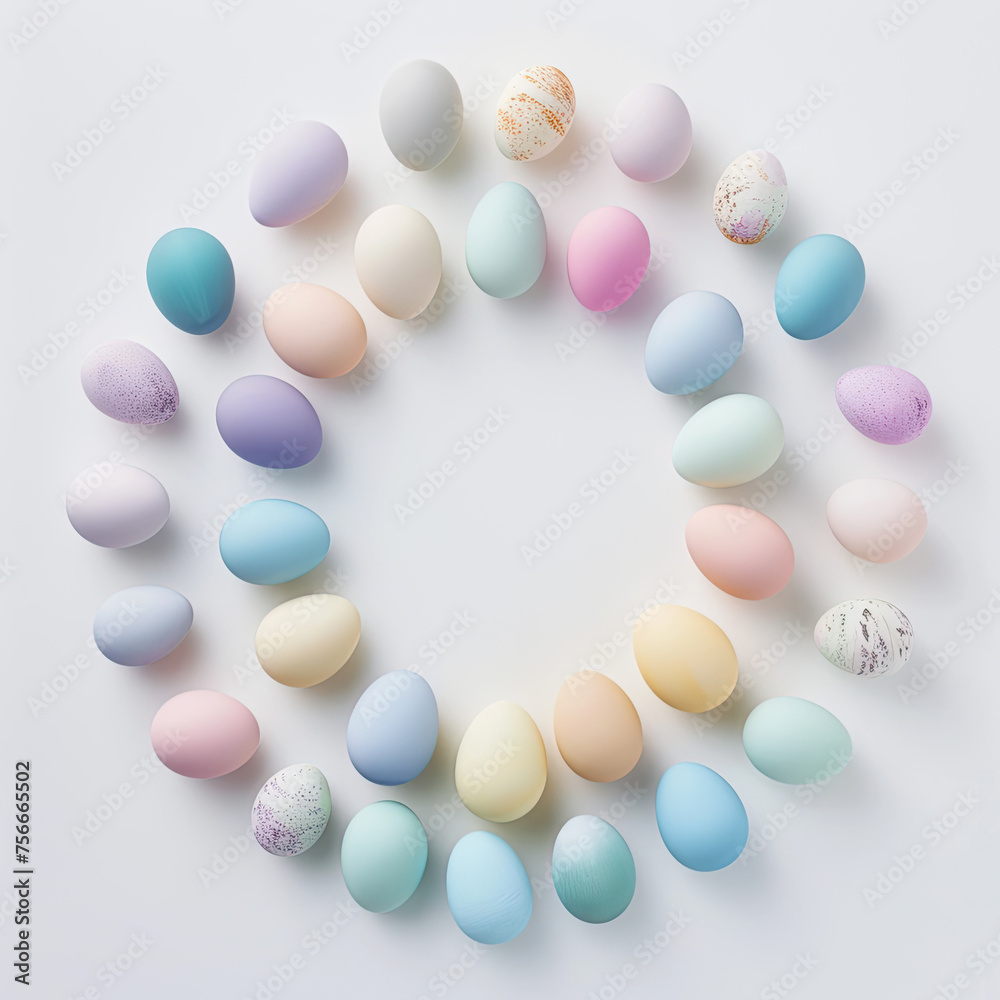 A collection of Easter eggs in soft pastel hues of pink, blue, yellow, and purple
