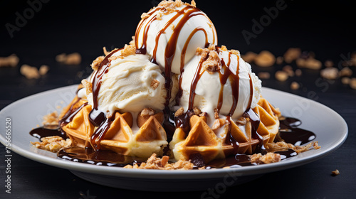 Ice cream scoops delicately sit atop a golden Belgian waffle, glistening with a sweet glaze, all set against a sleek black isolated background photo