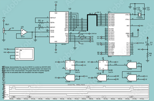 Vector electrical schematic diagram of electronic device.  
Design demonstrates the use of a microcontroller 
to control an analog-to-digital converter