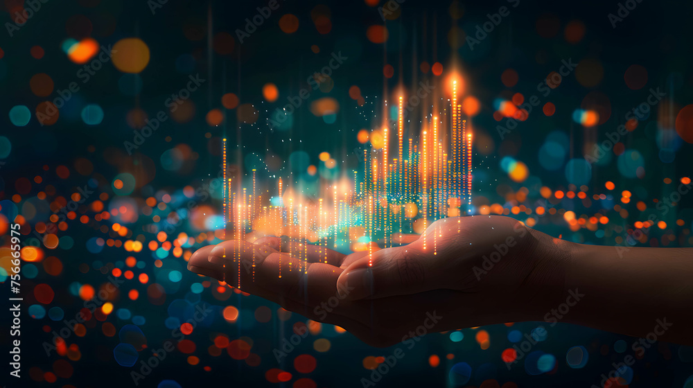 Hand holding digital histogram show financial and business growth, data and information analysis, strategic planning on business and investment - obrazy, fototapety, plakaty 