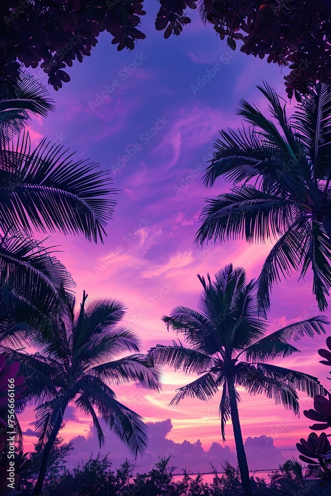 Palm Trees Silhouetted Against Pink and Blue Sky