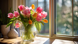 A vibrant bouquet of tulips adorns a table placed by the window