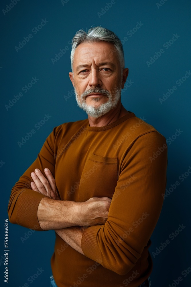 Mature Man With Beard and Glasses Against Blue Wall