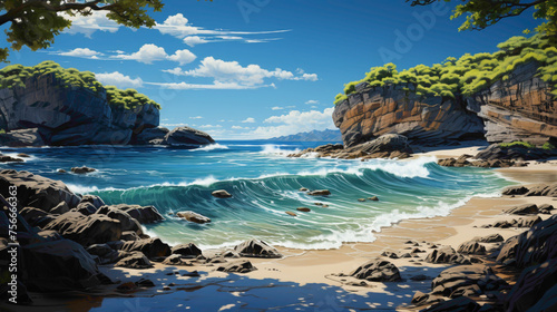 A secluded beach with golden sand, surrounded by towering cliffs and clear blue waters, creating a paradise-like setting.